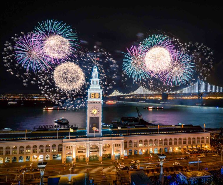 Fireworks over the Bay Bridge and Ferry Building in San Francisco